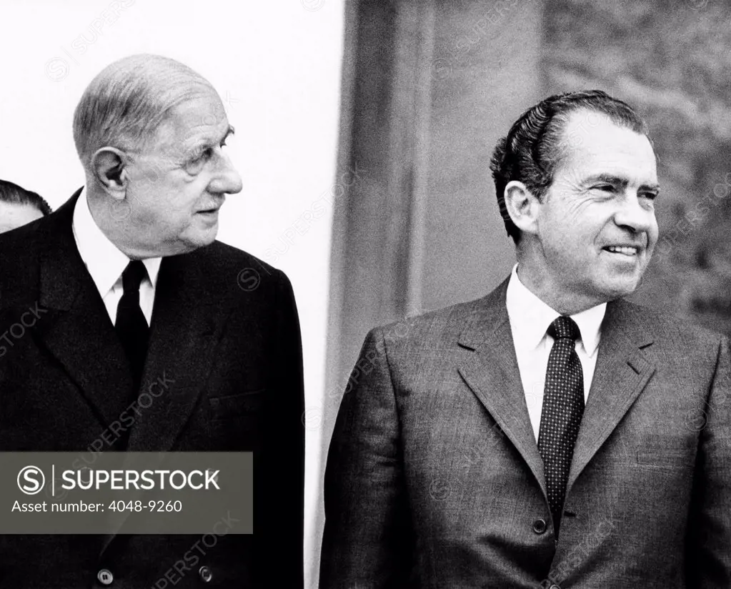 French President Charles de Gaulle and Richard Nixon in Paris for private talks. Newly inaugurated President Nixon was on a goodwill tour of Europe. March 1, 1969.