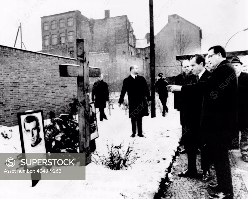 President Richard Nixon and West Berlin Mayor Klaus Schuetz at a memorial to two East Germans by guards killed as they tried to cross the Berlin Wall. Feb. 27, 1969.