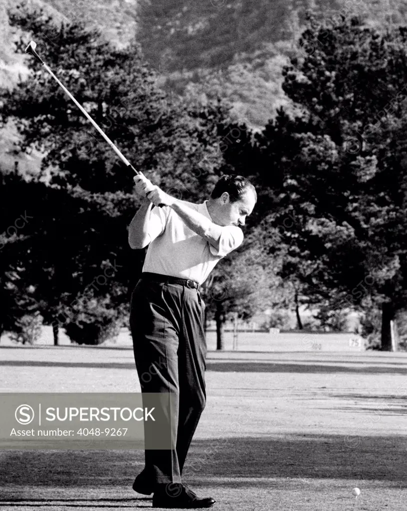President Richard Nixon golfing. He is on the first hole of the Lakeside Country Club in North Hollywood. Nixon played in a foursome with actors Bob Hope, Fred MacMurray, and Jimmy Stewart. Jan. 13, 1970.