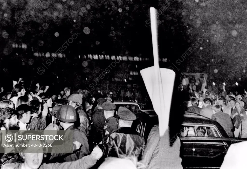 President Richard Nixon's limousine was a target of anti-war protesters. Demonstrators hurled eggs and obscenities at the car carrying when Nixon, California Gov. Reagan and Senator George Murphy, outside San Jose Civic Auditorium. Oct. 29, 1970.