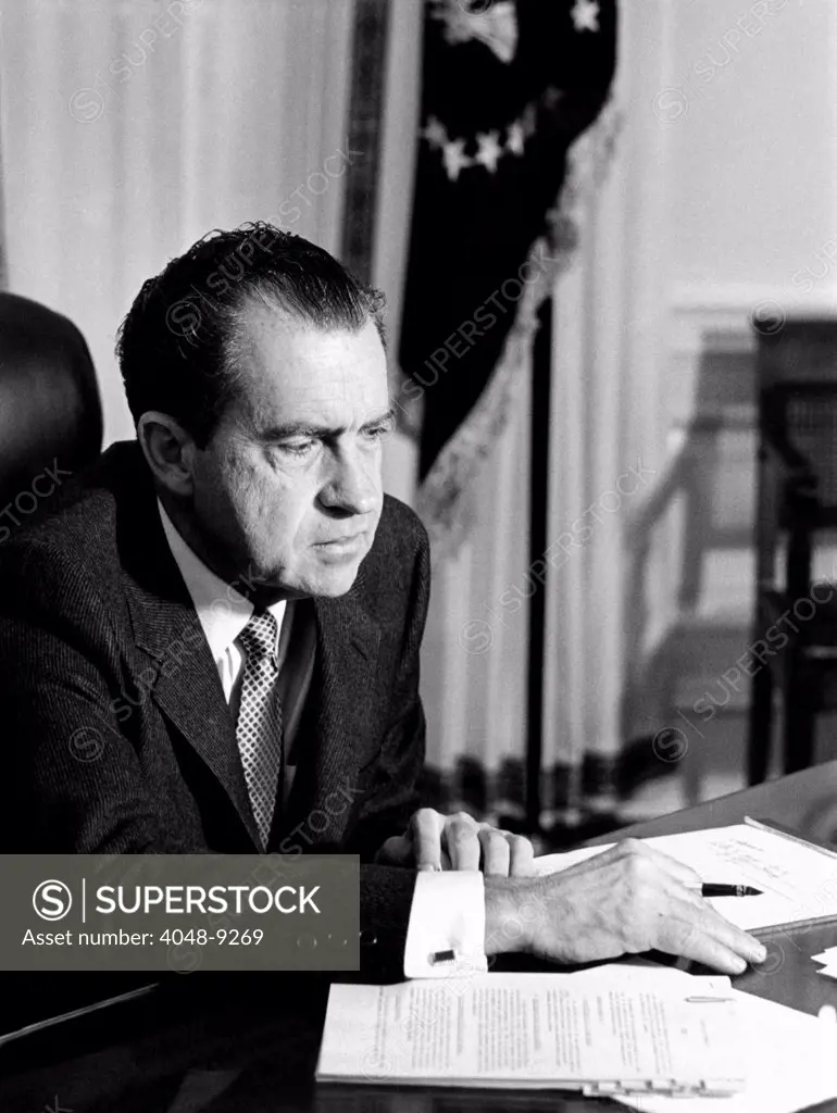 President Richard Nixon at his Oval Office desk on his first day as President. Jan. 21, 1969.
