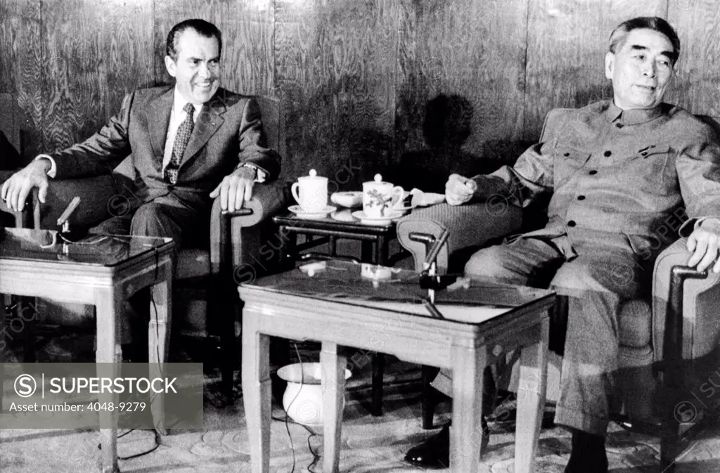 President Richard Nixon and Premier Chou En-lai before their first Plenary session for their formal meetings. Beijing, Feb. 21, 1972.