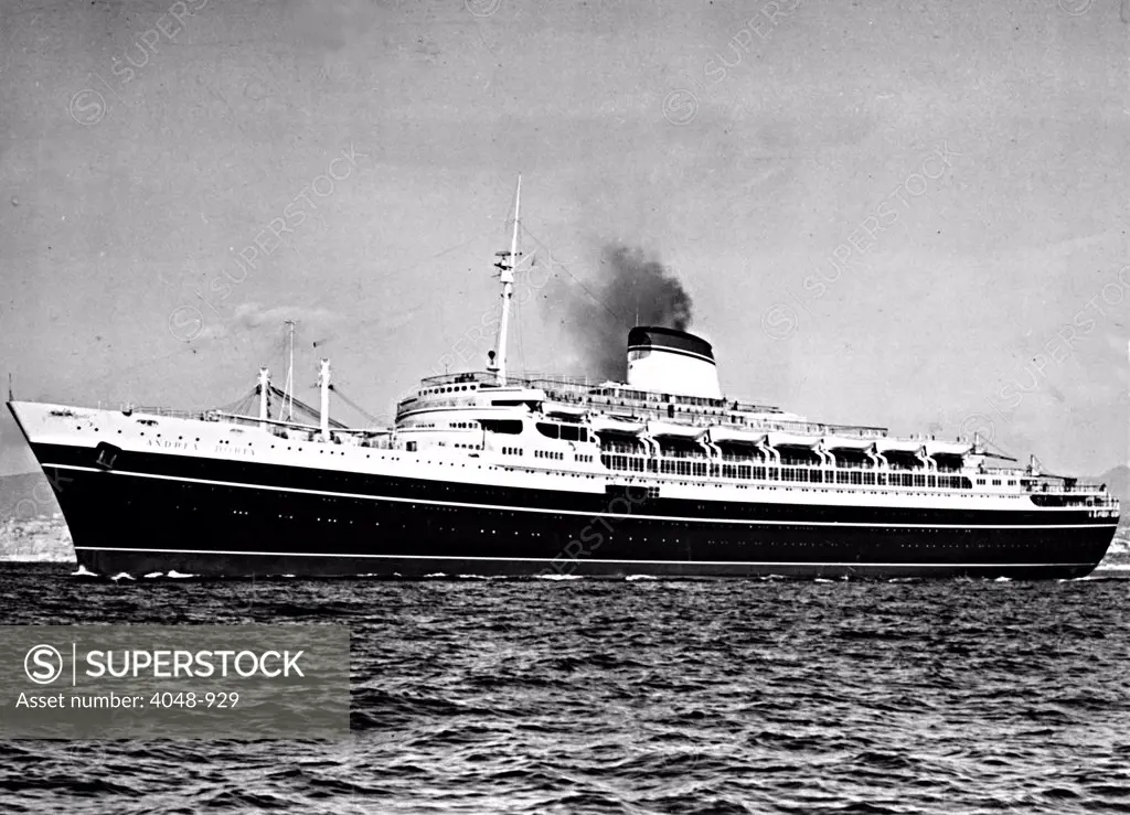 ANDREA DORIA, cruise ship taken during its service from 1953-1956.  The ship sinks on July 25, 1956, after 11:10 PM.