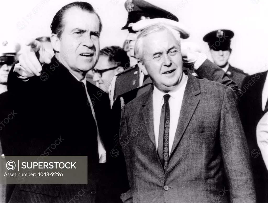 President Richard Nixon was met by British Prime Minister Harold Wilson at the Mindenhall Air Force Base. August 3, 1969. Nixon was in England as part of his seven nation tour. August 3, 1969.