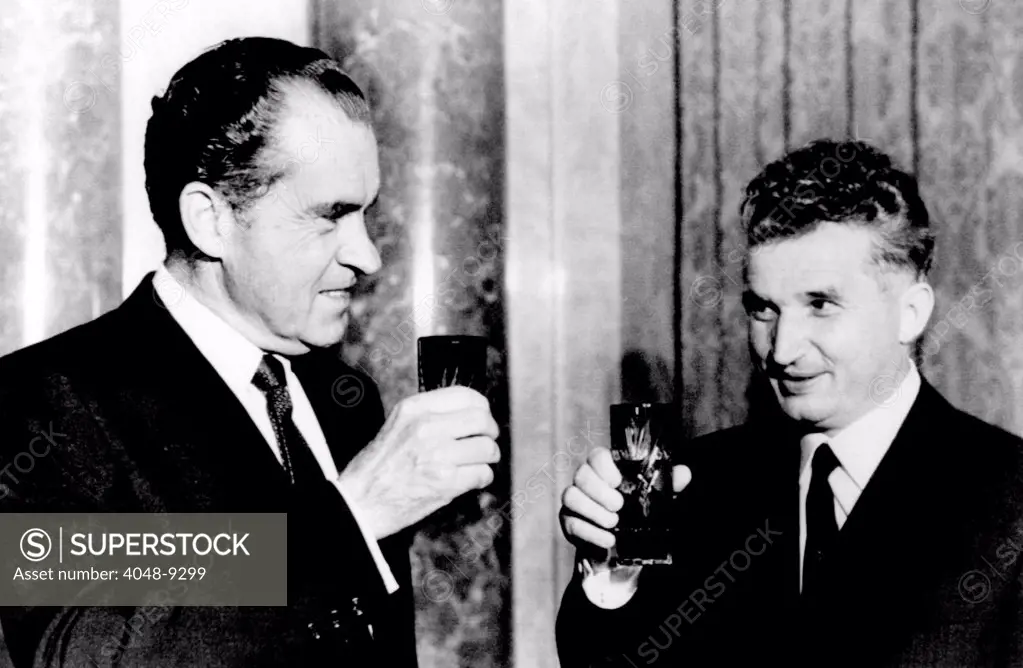 President Richard Nixon toasts President, Nicolae Ceausescu during his visit to Romanian. The Socialist Republic of Romania was a member of the Soviet dominated Warsaw Pact alliance, but maintained some independence. Ceausescu denounced the 1968 Soviet intervention in Czechoslovakia, maintained diplomatic, relations with Israel and the US. August 2, 1969.
