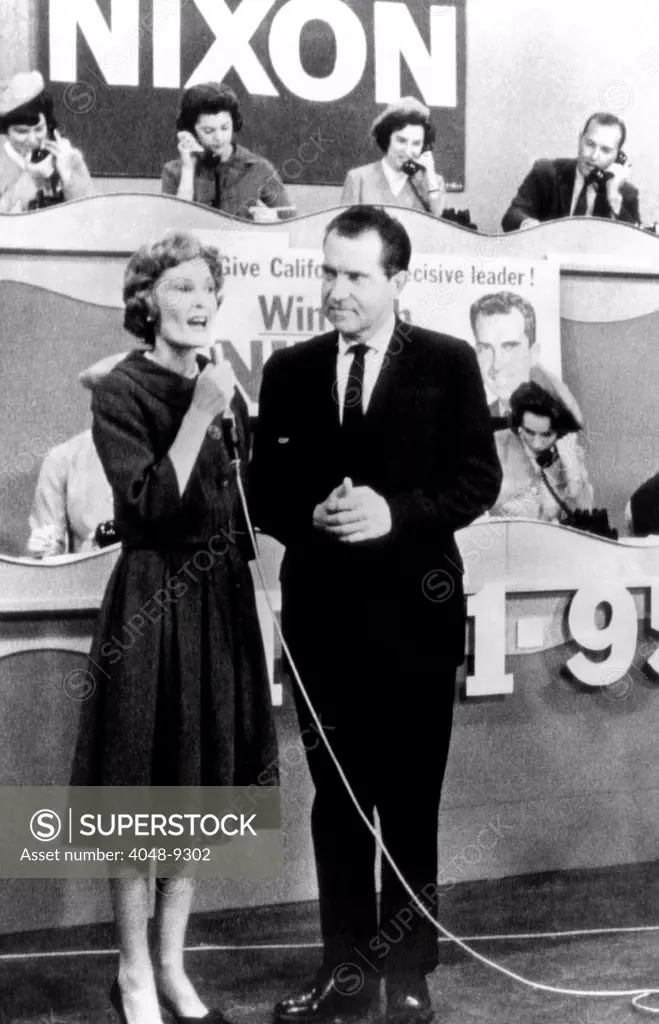 Former Vice President Richard Nixon campaigning for Governor of California. Candidate Nixon and his wife, Pat, appeared on a call-in Telethon on a Los Angeles television station. Nov. 3, 1962.