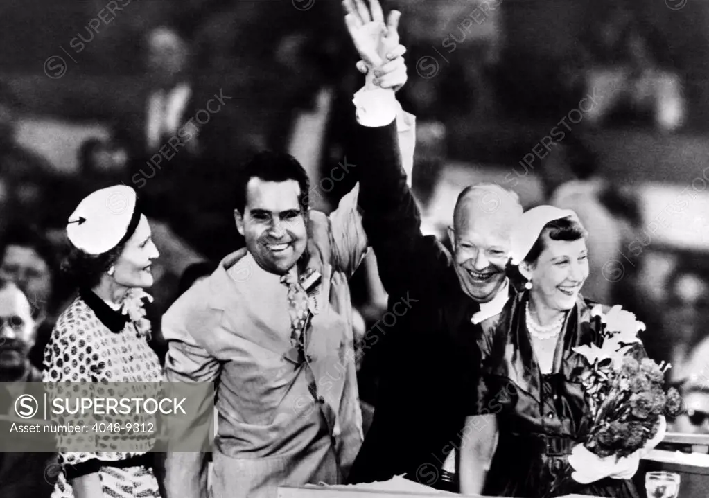 1952 Republic Party Nominees. L-R: Pat Nixon, Richard Nixon, nominee for Vice President, Dwight Eisenhower, nominee for President, and Mamie Eisenhower, July 11, 1952.