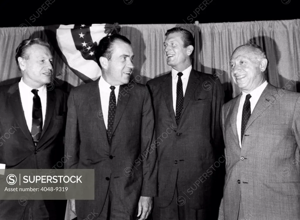 GOP presidential candidate Richard Nixon joins New York's top Republicans. All had been cool to his nomination, but pledged to help get him elected. L-R: Gov. Nelson Rockefeller, Nixon, New York City Mayor, John Lindsay, and Senator Jacob Javits. Sept. 11, 1968.