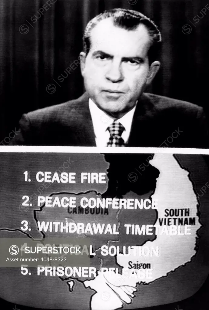 Television screen from President Richard Nixon's 14-minute address about his new Vietnam peace initiative. Bottom photo shows the five major points superimposed over a map of Indochina. Oct. 7, 1970.