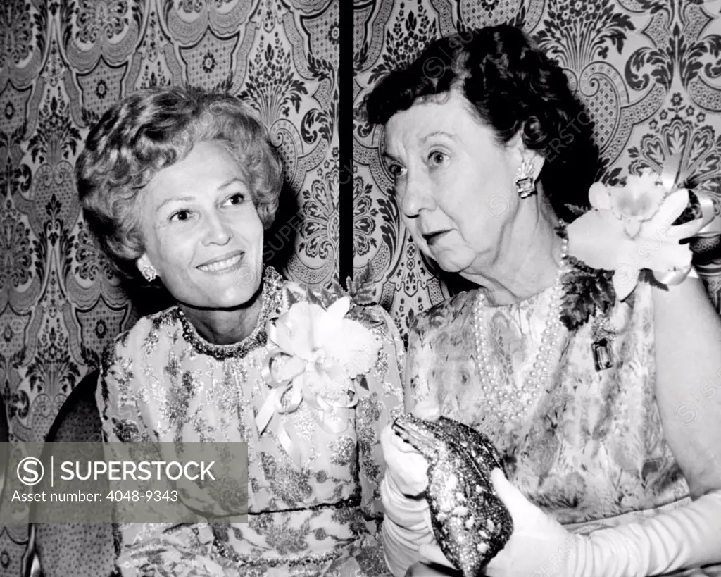 Pat Nixon and Mamie Eisenhower talking to guests at the biennial convention of the National Federation of Republican Women. Oct. 8, 1969.
