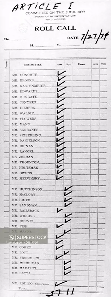 House Judiciary Committee impeachment vote the tally sheet. The vote was 27 to 11 for impeachment of President Richard Nixon for obstruction of justice in the Watergate cover-up July 27, 1974.