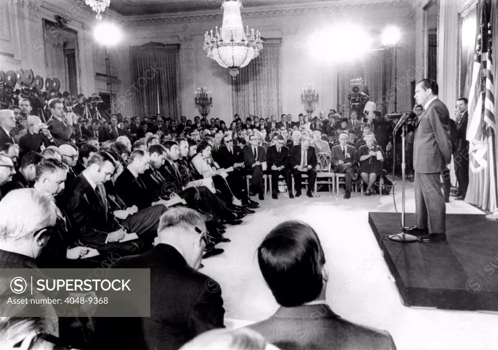 Richard Nixon's first press conference as President. He optimistically hoped the Paris peace talks would restore order in the Demilitarized Zone, establish mutual troop withdrawal, and an exchange of POWs. Jan 27, 1969.