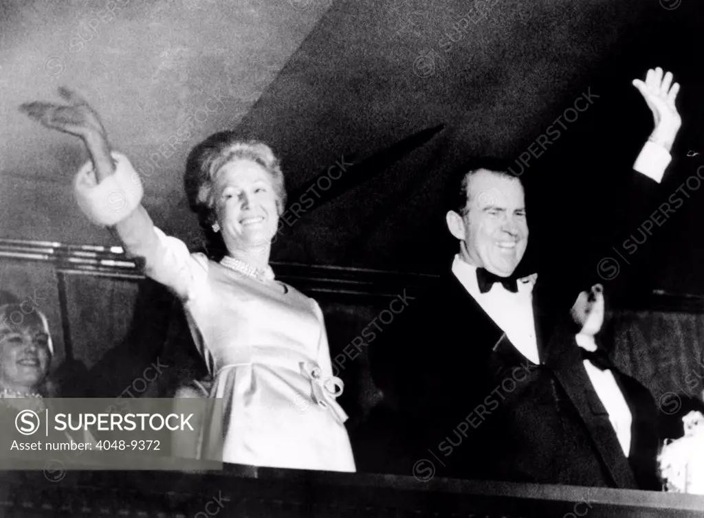 President Richard and Pat Nixon at the 1973 Inaugural Concerts. They are in the presidential box at the Eisenhower Theater at the John F. Kennedy Center. Jan 19, 1973.