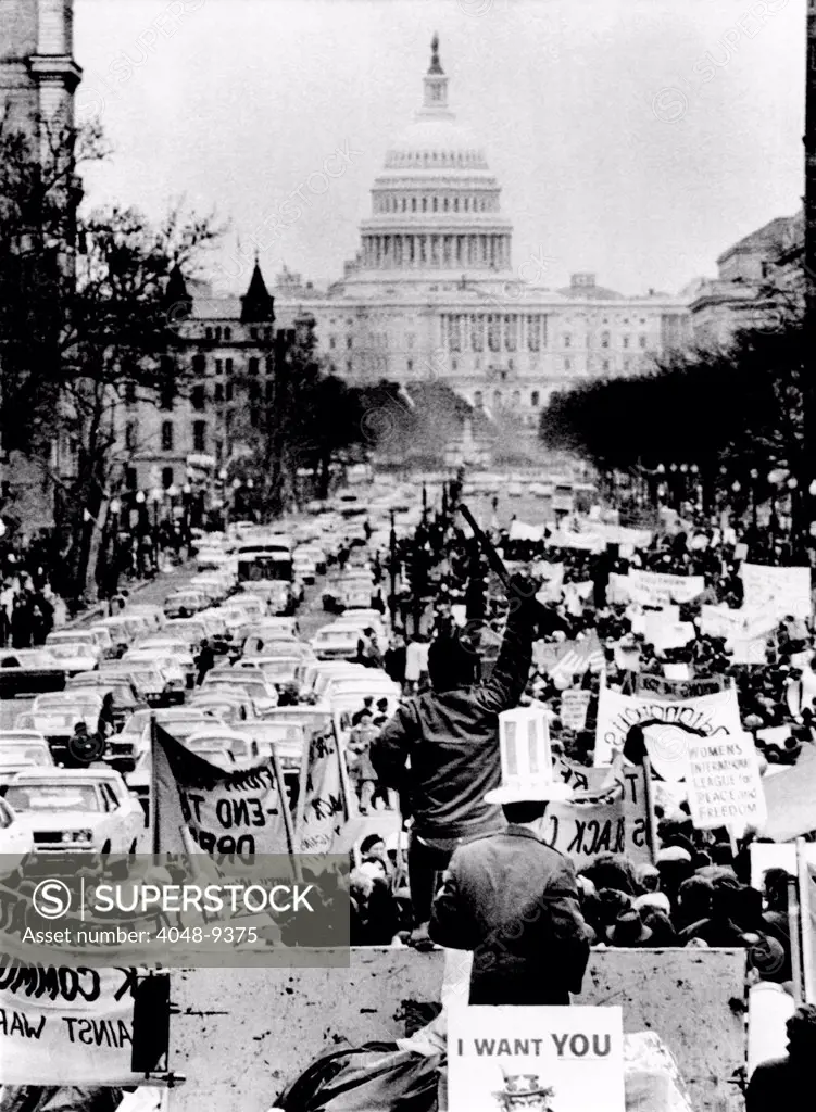 Counter-Inaugural' staged by protesters at Richard Nixon's 1969 Inauguration. For the first time in the Nation's history, a Presidential inauguration was confronted by a large-scale demonstration. Jan. 19, 1969.
