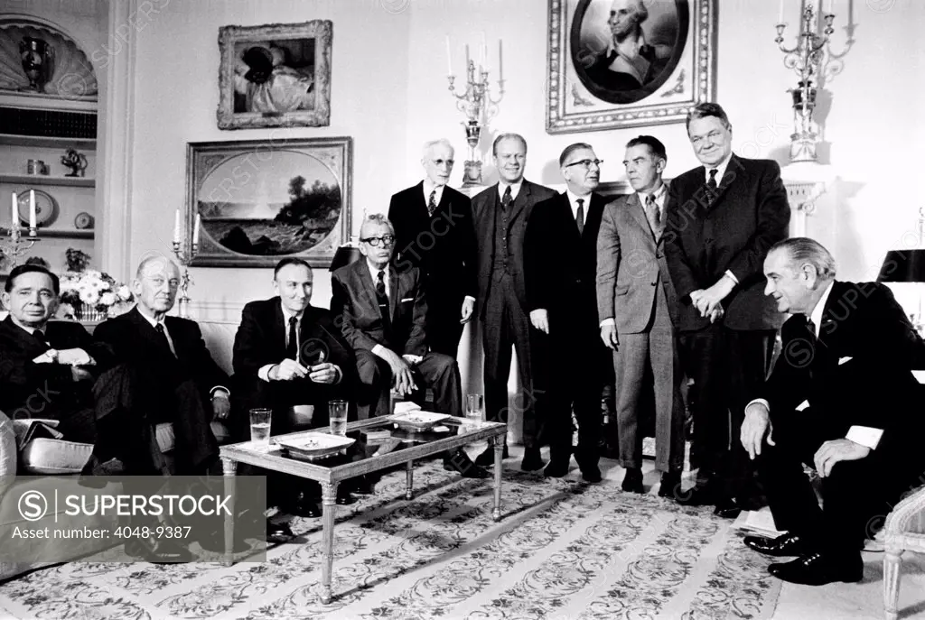 Soon to be succeeded by President-elect Richard Nixon, President Lyndon Johnson has a final meeting with Congressional leaders. L-R: Carl Albert, Leslie Arends, Mike Mansfield, Everett Dirksen, John McCormack, Gerald Ford, Wilbur Mills, James W. Burns, Hale Boggs, and President Johnson. Jan. 9, 1969.