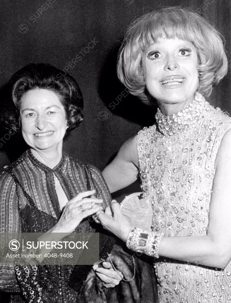 Former First Lady visits Carol Channing back stage. Lady Bird Johnson attended Channing's new Broadway musical, 'Lorelei.' in New York City. Feb. 8, 1974.