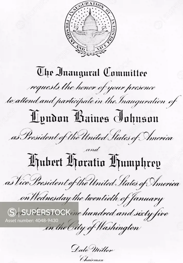 Invitation to the Inauguration of Lyndon Baines Johnson as President and Hubert Horatio Humphrey as Vice President. Jan. 20, 1965.