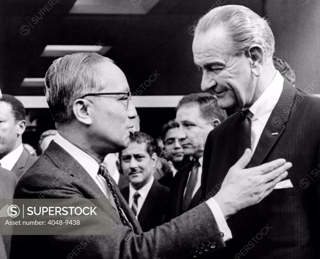 President Lyndon Johnson with United Nations Secretary General U Thant. LBJ was in New York for the installation ceremonies fro Archbishop Terence Cooke. April 4, 1968.