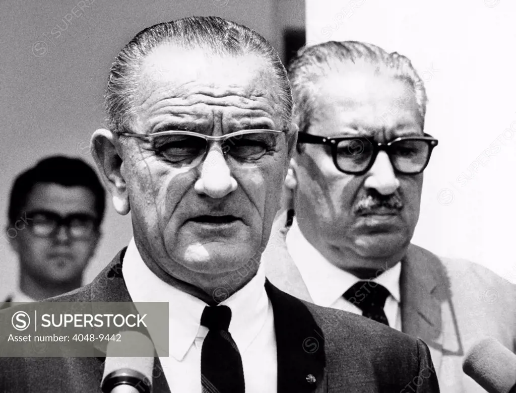 President Lyndon Johnson with Supreme Court nominee, Thurgood Marshall. Marshall was life-long legal advocate for Civil Rights and was the first African-American Supreme Court Justice. June 13, 1967.