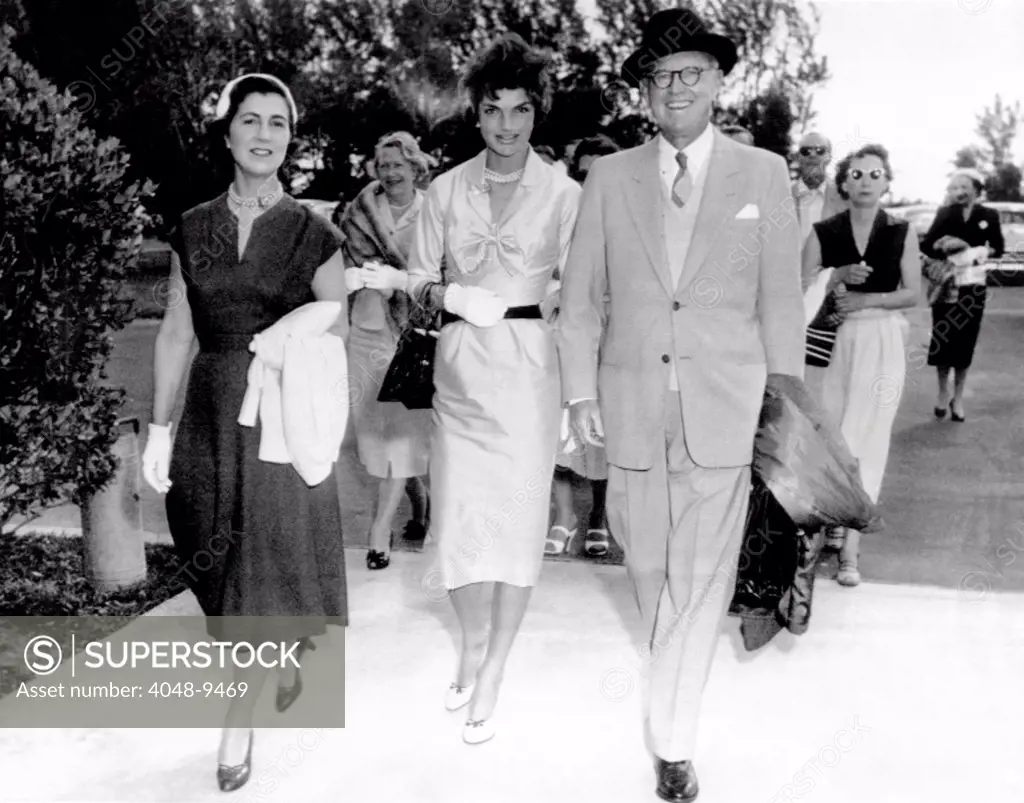 Kennedy outing to Hialeah Race Track. L-R: Janet Auchincloss, Jacqueline Kennedy, and Joseph Kennedy. Auchincloss is Jacqueline's mother, and Kennedy is her father-in-law. Jan 17, 1955.