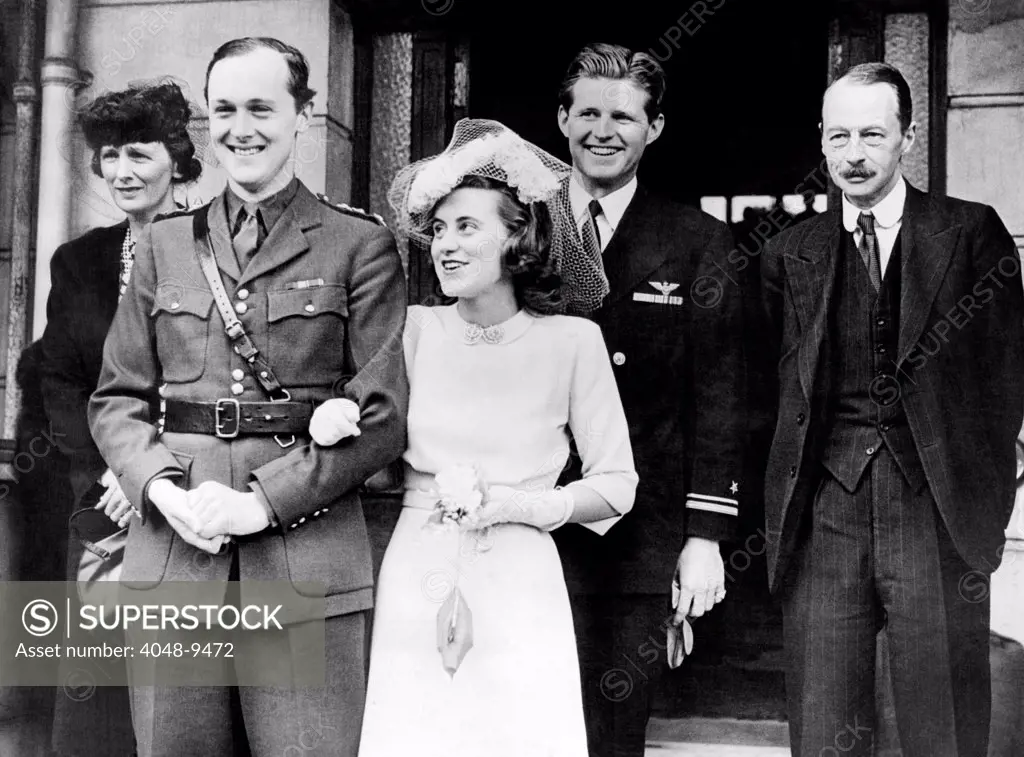 Kathleen Kennedy, married William John Robert Cavendish, Marquis of Hartington, at the Chelsea Registry office, May 5, 1944. L-R: Groom's mother, the Duchess of Devonshire, Cavendish, Kathleen Kennedy Cavendish, Joseph Kennedy Jr., and the Duke of Devonshire.