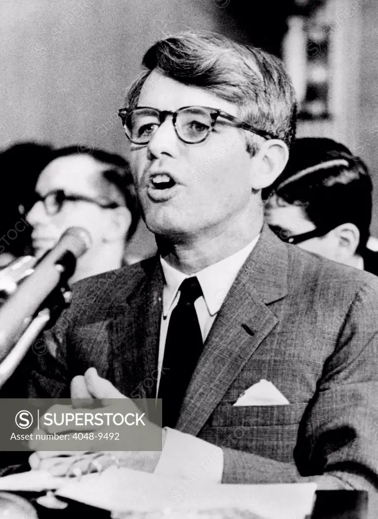Sen. Robert F. Kennedy testifying before Senate subcommittee He charged that defects in President Johnson's low-income housing proposal would seriously hamper efforts to rebuild big city slums. March 20, 1968.