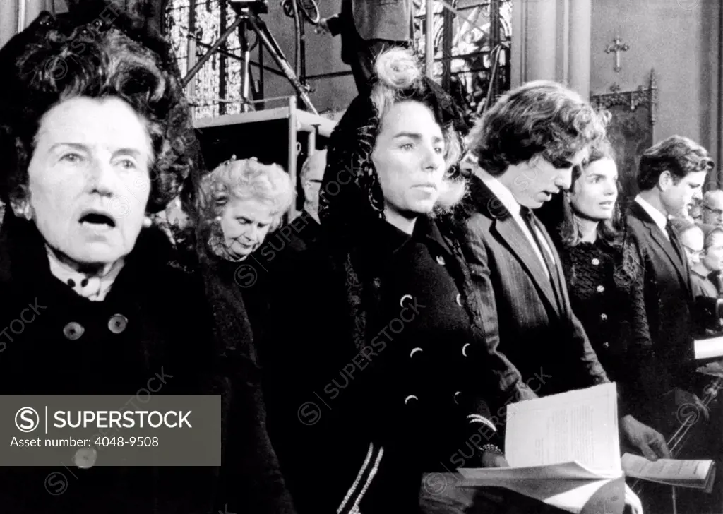 Kennedy family members at the funeral of Cardinal Richard Cushing. L-R: Rose Kennedy, Mrs. Ethel Kennedy, Joseph P. Kennedy III, Jacqueline Kennedy Onassis, and Sen. Edward Kennedy at the Holy Cross Cathedral, Nov. 7, 1970.