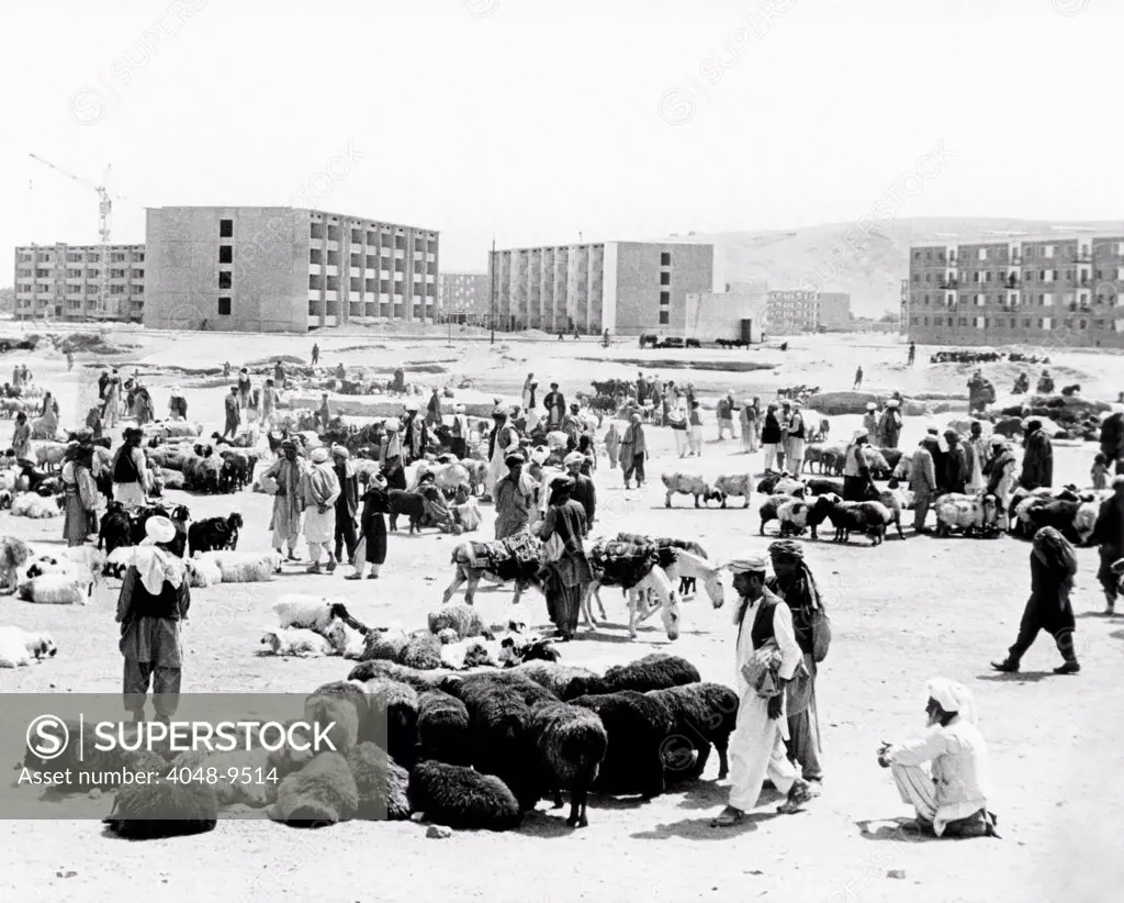 Contrasts in Kabul, Afghanistan. Modern buildings under construction beyond the sheep being sold in an outdoor meat market. The worst drought in the Afghan recorded history, caused farmers sell sheep for meat because they cannot afford to feed them. Sept. 17, 1971.