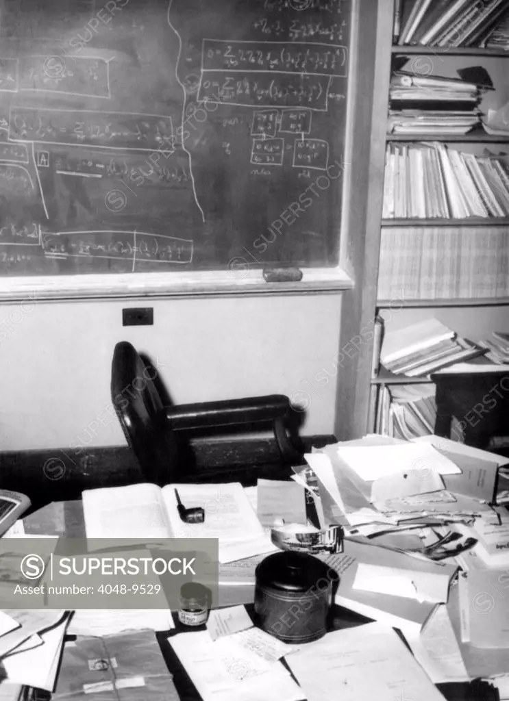Albert Einstein's study at the institute for Advance Study at Princeton University. Photo was taken after Einstein's sudden death on May 18, 1955.