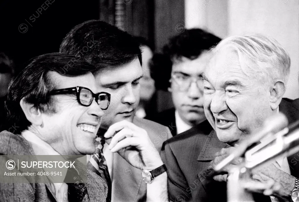Senate Watergate Committee. Chairman Sam Ervin and Vice Chairman Howard Baker share a lighter moment. Former Attorney General John Mitchell was appearing for this third day of testimony. July 12, 1973