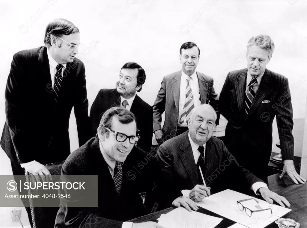 Senate Watergate Committee. Members the committee to investigate the Watergate case. Seated, L-R: Howard Baker, Vice Chairman, Sam Ervin, Chairman. Standing, L to R :Lowell Weicker, Daniel Inouye, Herman Talmad, and Edward Gurney. May 2, 1973.