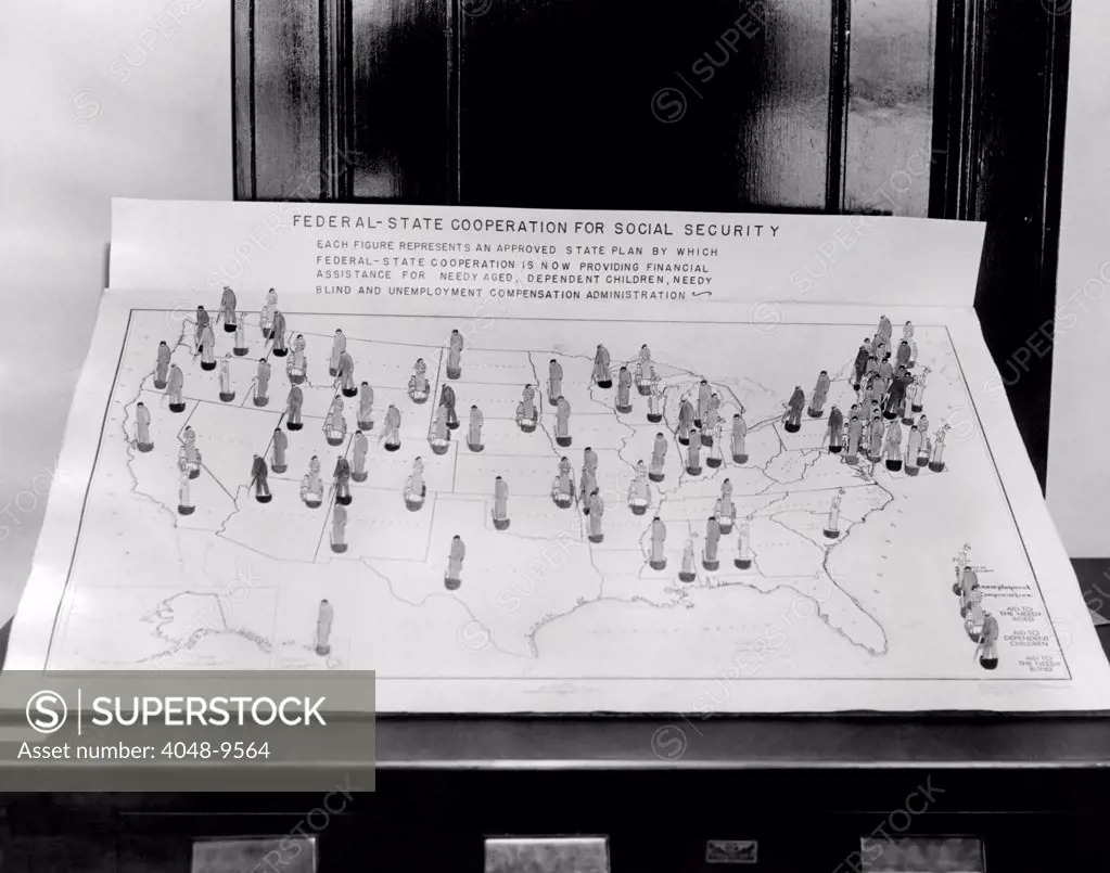 Social Security Board ready to operate. 1936 map shows figures representing an approved state plan by which Federal-State cooperation is now providing financial assistance to needy aged, dependent children, needy blind, and unemployed. Nov. 14, 1936.