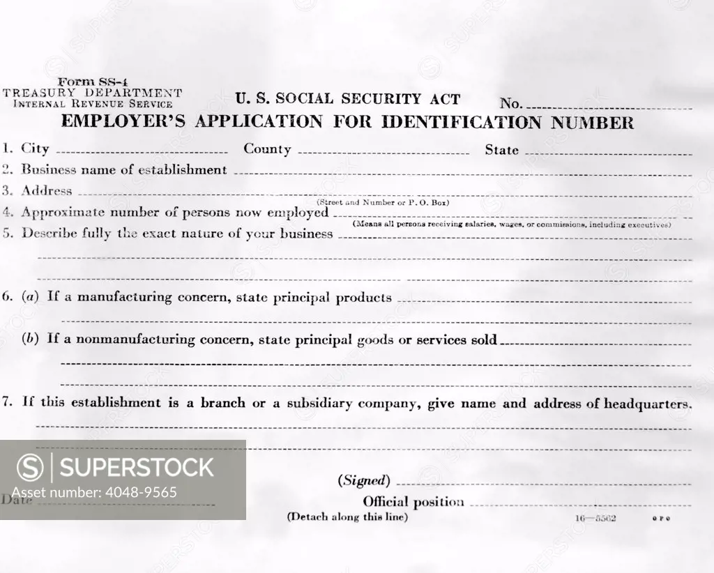 Initiation of Social Security in 1936. Employers application for Social Security. The employer's application for identification number, to be filled out by employers and to be returned to the local postmaster not later than Nov. 21, 1936.