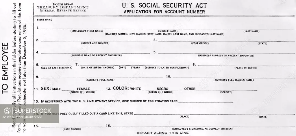 Initiation of Social Security in 1936. Employees application for Social Security. This form must be filled out by all employees classified under the Soc. Sec. Act and must be submitted to the local postmaster not later than Dec. 5th, 1936