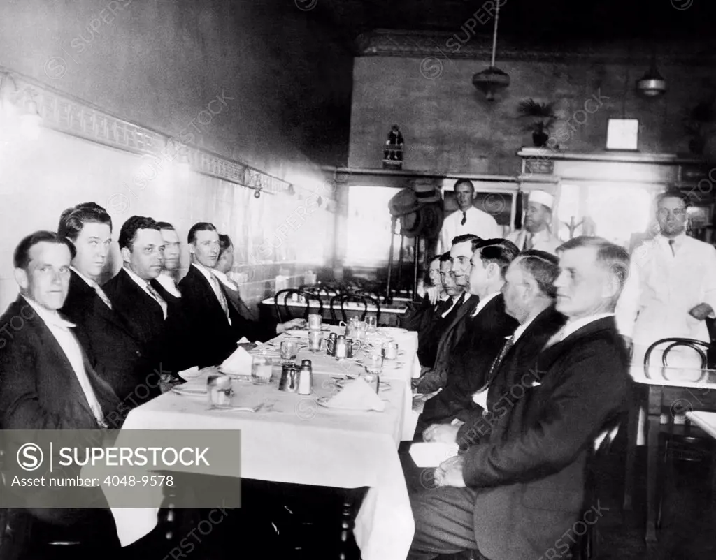 All White jury in the Scottsboro case. The all male, all white, jury at lunch during a court recess in Decatur, Alabama. April 3, 1933.
