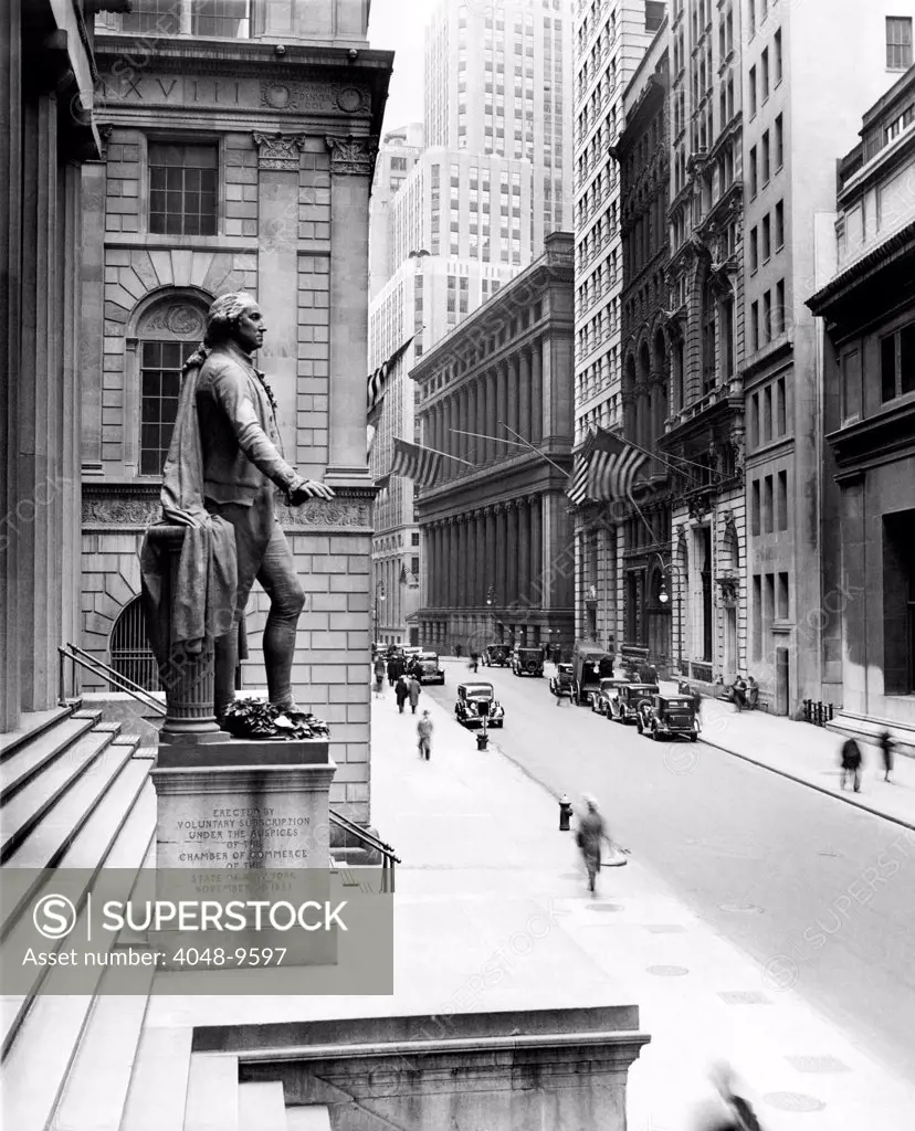 Wall Street is virtually deserted in front of the US Sub-treasury building, following Governor Herbert Lehman's proclamation that all banking transactions in the state are being suspended for two days. March 4, 1933.