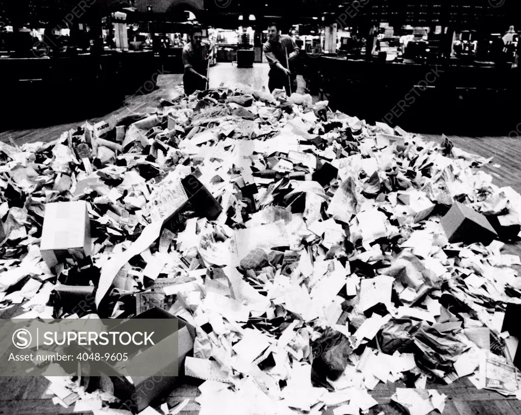 Paper refuse after heavy trading on the New York Stock Exchange on Oct. 10, 1974. The day saw its best monthly gain since Gerald Ford became president on August 9, 1974.