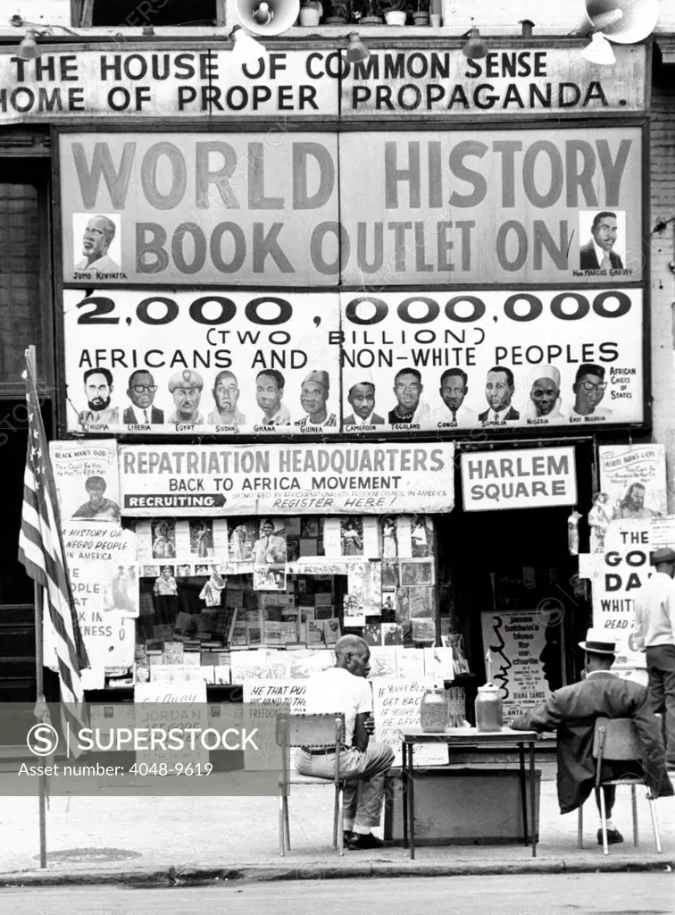 Harlem bookstore named 'The House of Common Sense and the Home  of Proper Propaganda'. On Seventh Avenue, between 125th and 126th Streets, it is recruiting office for the 'return to Africa movement'. July 24, 1964  