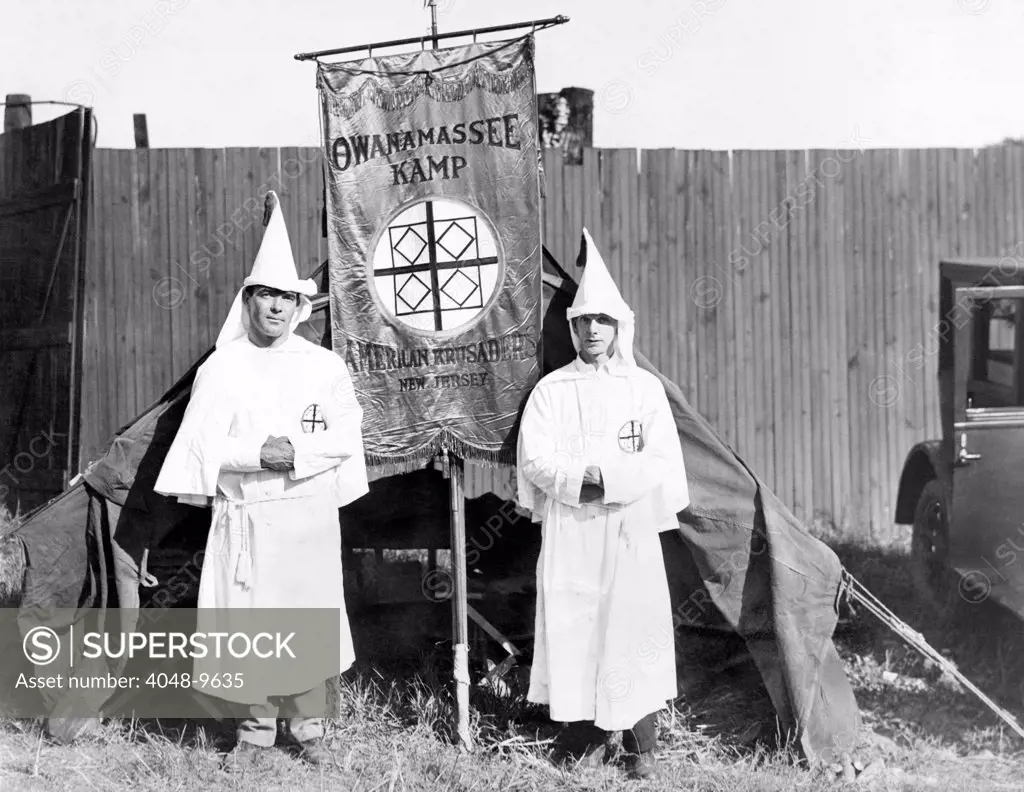 First arrivals of the Ku Klux Klan have set up their tent on the outskirts of Washington, DC. They will hold their annual convention at an encampment. 1920s.