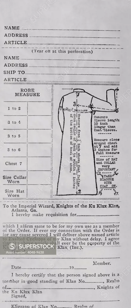 Order form for a $6.50 Ku Klux Klan uniform. It is addressed to Imperial Wizard Simmons and contains the stipulation that the Klan regalia shall 'ever be the property' of the Ku Klux Klan organization. 1921.