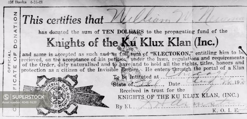 Ku Klux Klan certificate of membership made out to William W. Newman, one of those captured on Ku Klux Klan raid. Aug. 26, 1921.
