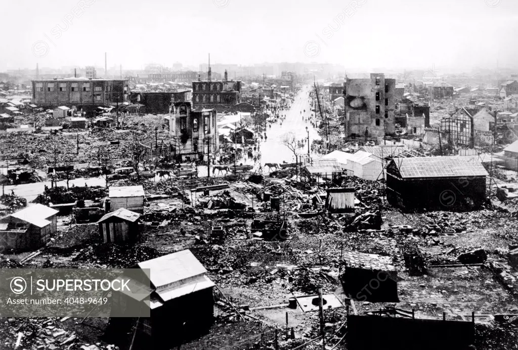 Tokyo in ruins after the 1923 earthquake. Image shows Tokyo Station and Hibiya Park. There were 105,385 confirmed deaths and 40,000 missing. Sept. 1, 1923.