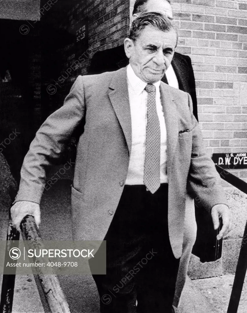 Meyer Lansky leaves Federal court July 19, 1973 after pleading innocent to two counts of income tax evasion. The reputed financial wizard for the underworld was limping and leans on a rail. July 19, 1973.