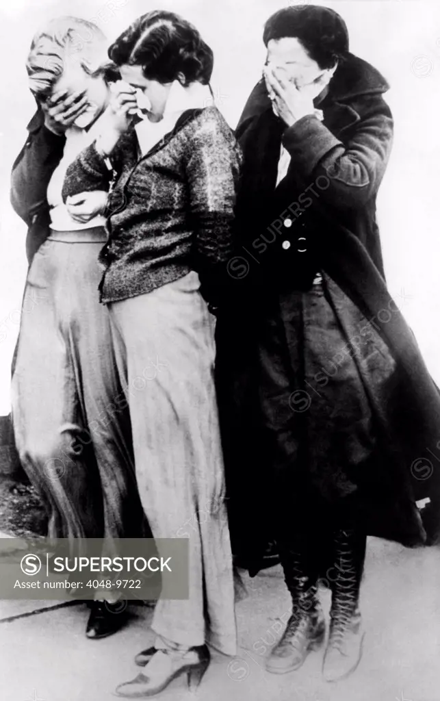 Three women who were with John Dillinger's gang at the Little Bohemia Lodge during the shoot-out the FBI agents. Two were still wearing their pajamas when they were arrested for aiding the fugitives. April 25, 1934.