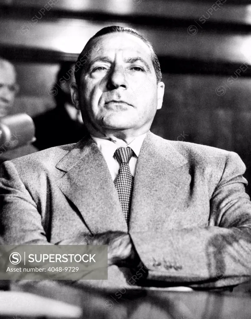 Mob boss, Frank Costello in the witness chair. Under the threat of arrest, after he walked out on the Senate Crime Investigating Committee on the previous day, he again refused to testify on the grounds that he was too ill. March 16, 1951