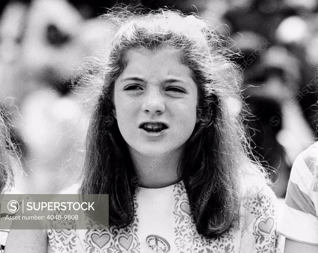 Caroline Kennedy, twelve years old and wearing braces on her teeth. She was attending the dedication of the Robert F. Kennedy Stadium, in honor of her assassinated uncle. June 10, 1969