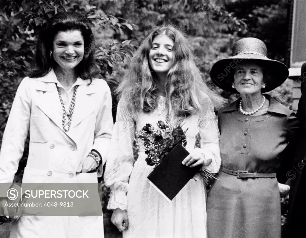 Caroline Kennedy, graduates from Concord Academy. With her are her mother, Jacqueline Kennedy Onassis, and paternal grandmother, Rose Kennedy. June 10, 1975.