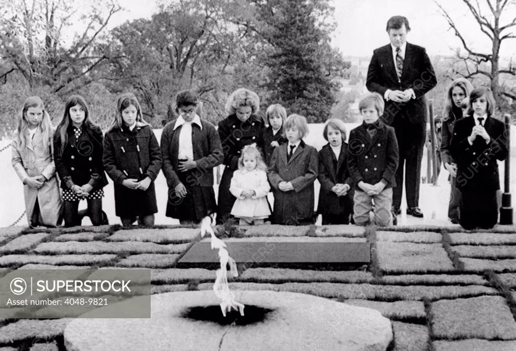 Ethel Kennedy, the widow of Robert Kennedy with six of her children and Sen. Edward Kennedy's family at the grave of President John Kennedy.