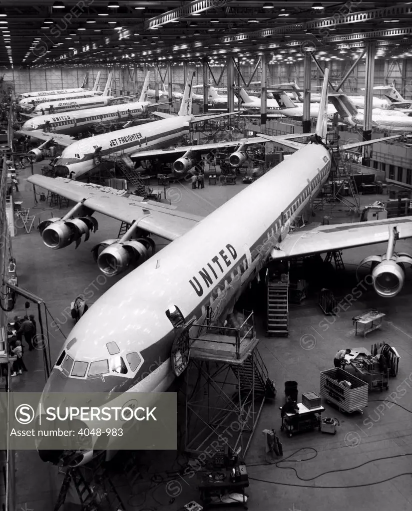 United Airlines Super DC-8 and DC-8 Jet Freighters in the production line at McDonnel Douglas Corporation, 1968
