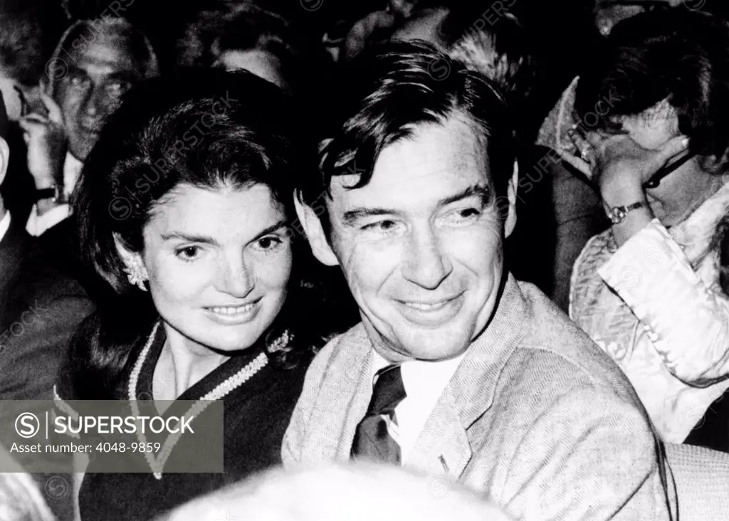 Jacqueline Kennedy Onassis and architect Edward Barnes attend a broadway musical, 'Forty Carats'. He was a friend, and with her theater party. May 21, 1969.